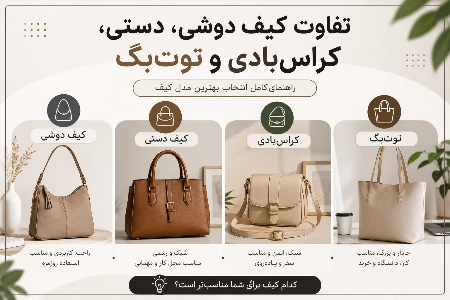 تفاوت کیف دوشی، دستی، کراس‌بادی و توت‌بگ